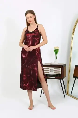 Angelino Women's Spaghetti Strap Long Shiny Micro Dress Nightgown 7415 Burgundy - 4