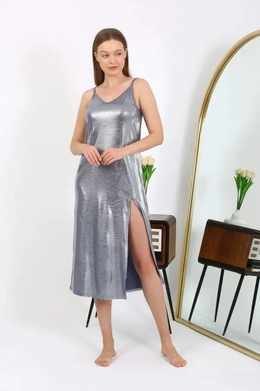 Angelino Women's Spaghetti Strap Long Shiny Micro Dress Nightgown 7415 Gray - 2