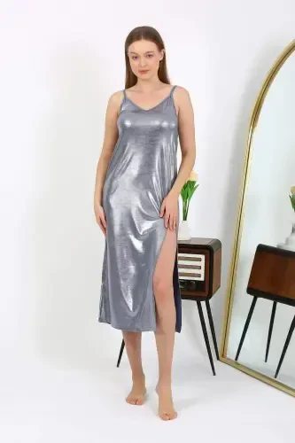 Angelino Women's Spaghetti Strap Long Shiny Micro Dress Nightgown 7415 Gray - 1