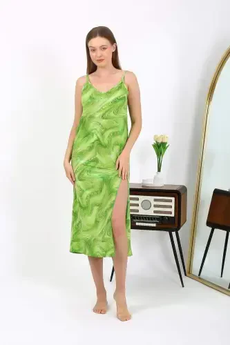 Angelino Women's Spaghetti Strap Long Shiny Micro Dress Nightgown 7415 Green - 1