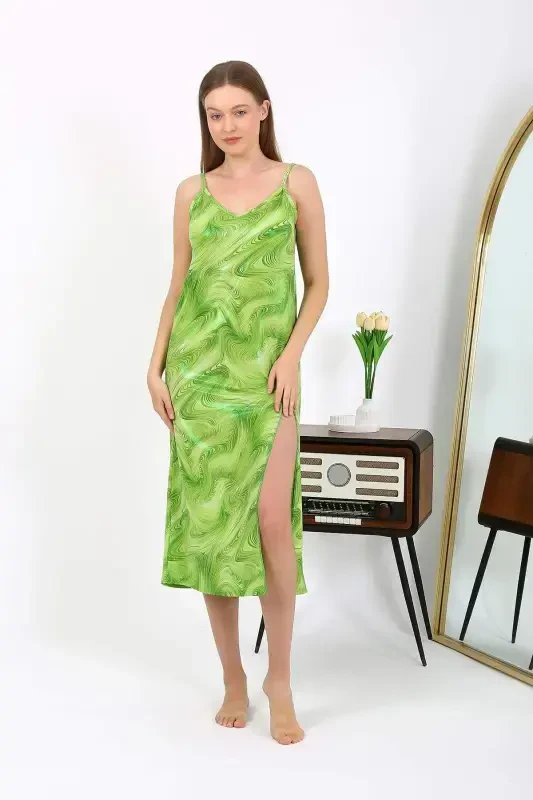Angelino Women's Spaghetti Strap Long Shiny Micro Dress Nightgown 7415 Green - 1