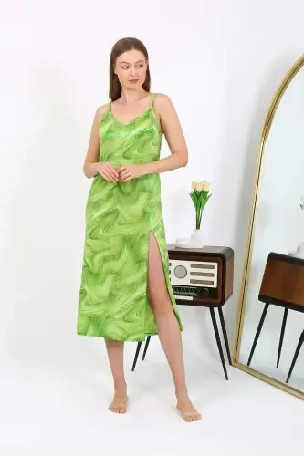 Angelino Women's Spaghetti Strap Long Shiny Micro Dress Nightgown 7415 Green - BÜYÜKBEDENIZ (1)