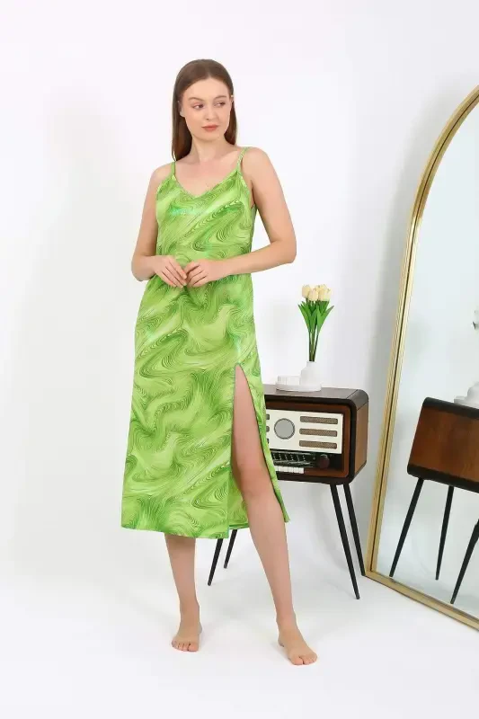 Angelino Women's Spaghetti Strap Long Shiny Micro Dress Nightgown 7415 Green - 2