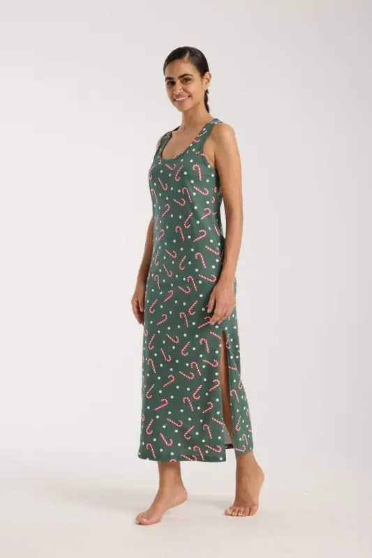 Angelino Women's Spaghetti Strap Slit Long Green Nightdress - BÜYÜKBEDENIZ