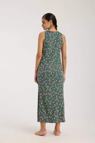Angelino Women's Spaghetti Strap Slit Long Green Nightdress - 5
