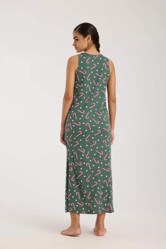 Angelino Women's Spaghetti Strap Slit Long Green Nightdress - 5