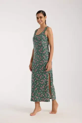 Angelino Women's Spaghetti Strap Slit Long Green Nightdress - 1