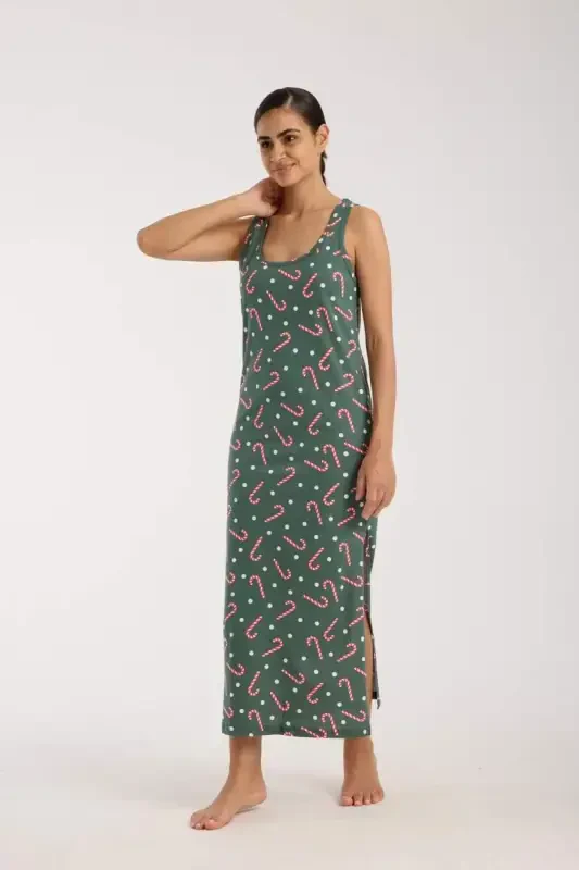 Angelino Women's Spaghetti Strap Slit Long Green Nightdress - 2