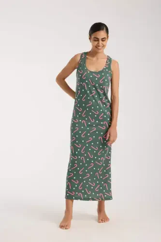 Angelino Women's Spaghetti Strap Slit Long Green Nightdress - 3