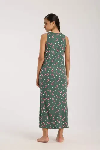 Angelino Women's Spaghetti Strap Slit Long Green Nightdress - 5