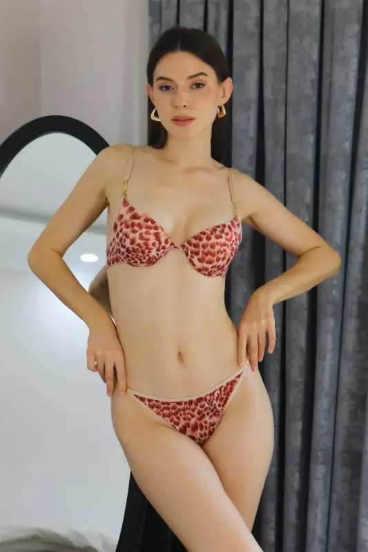 Angelino Women's Supported Leopard Patterned Bra Set 3401 Red - 6