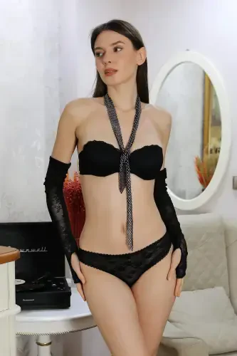 Angelino Women's Supported Strapless Lace Detail Bra Set 3103 Black - 8