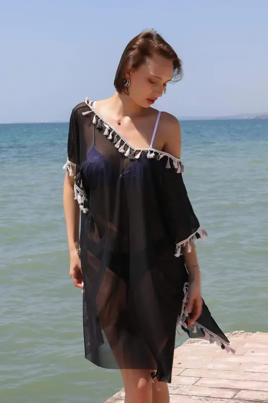 Angelino Women's Tassel Tunic Pareo Beach Dress Black 38047 - 2