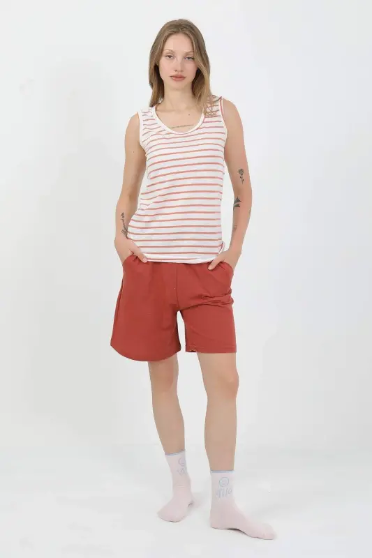 Angelino Women's Thick Strap Cotton Combed Short Set Orange 3637 - 2