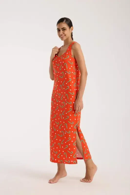 Angelino Women's Thick Strap Slit Long Orange Nightdress - 1