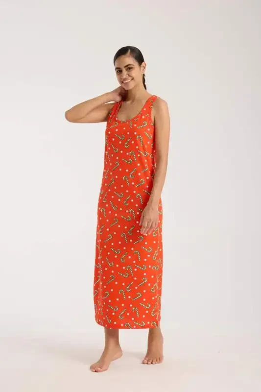 Angelino Women's Thick Strap Slit Long Orange Nightdress - 2