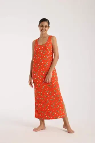 Angelino Women's Thick Strap Slit Long Orange Nightdress - 4