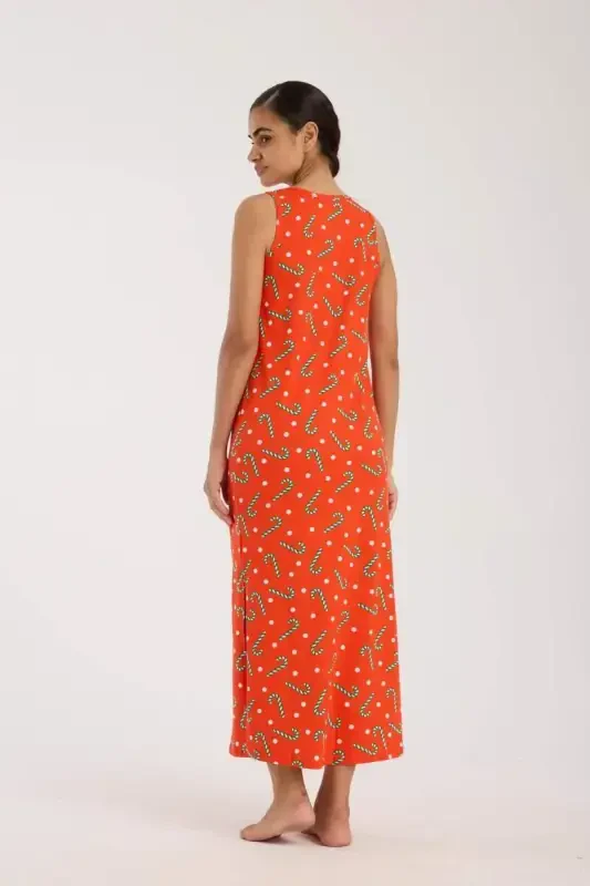 Angelino Women's Thick Strap Slit Long Orange Nightdress - 5