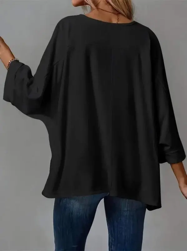 Angelino Women's Three-Quarter Sleeve Crew Neck Viscose Black Blouse ND8001 - 2