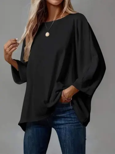 Angelino Women's Three-Quarter Sleeve Crew Neck Viscose Black Blouse ND8001 - 3