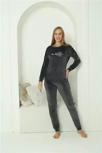 Angelino Women's Velvet Grey Pyjama Set 20624 - BÜYÜKBEDENIZ (1)