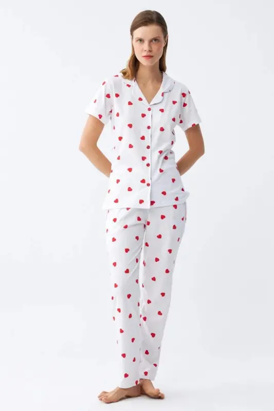 Angelino Women's White Red Heart Button-Down Pajama Set - 1
