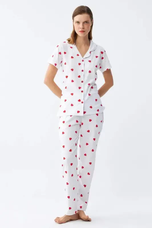 Angelino Women's White Red Heart Button-Down Pajama Set - BÜYÜKBEDENIZ