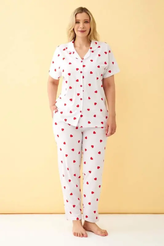 Angelino Women's White Red Heart Patterned Front Buttoned Plus Size Pajama Set - 1