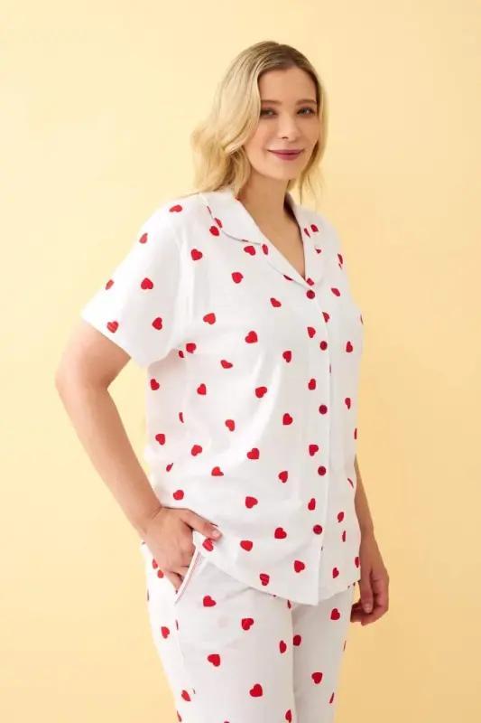 Angelino Women's White Red Heart Patterned Front Buttoned Plus Size Pajama Set - 2