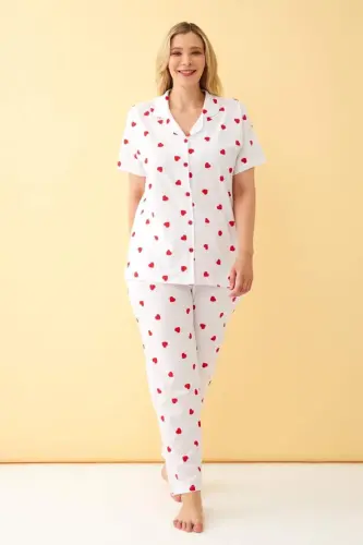 Angelino Women's White Red Heart Patterned Front Buttoned Plus Size Pajama Set - 3