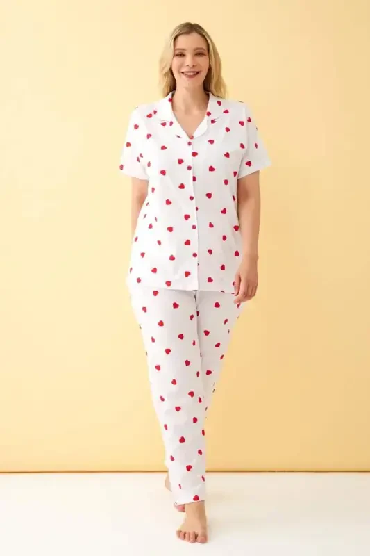 Angelino Women's White Red Heart Patterned Front Buttoned Plus Size Pajama Set - 3