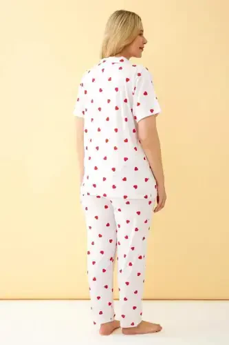 Angelino Women's White Red Heart Patterned Front Buttoned Plus Size Pajama Set - 5