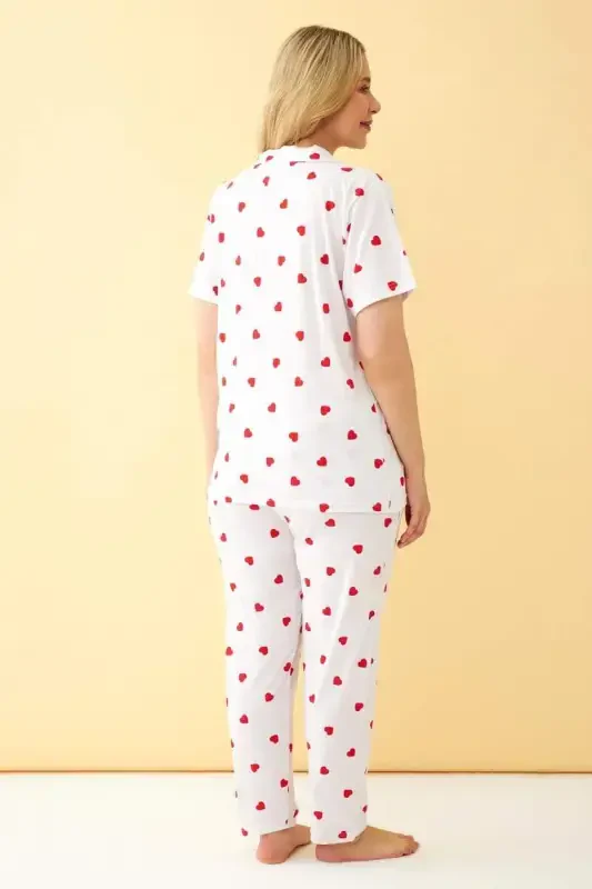 Angelino Women's White Red Heart Patterned Front Buttoned Plus Size Pajama Set - 5