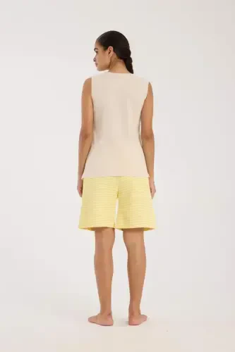 Angelino Women's White Ribbon Detailed Yellow Striped Short Pajama Set - 3