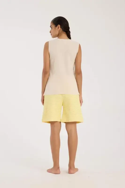 Angelino Women's White Ribbon Detailed Yellow Striped Short Pajama Set - 3