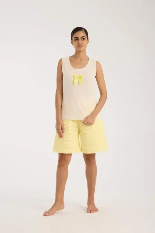 Angelino Women's White Ribbon Detailed Yellow Striped Short Pajama Set - 5