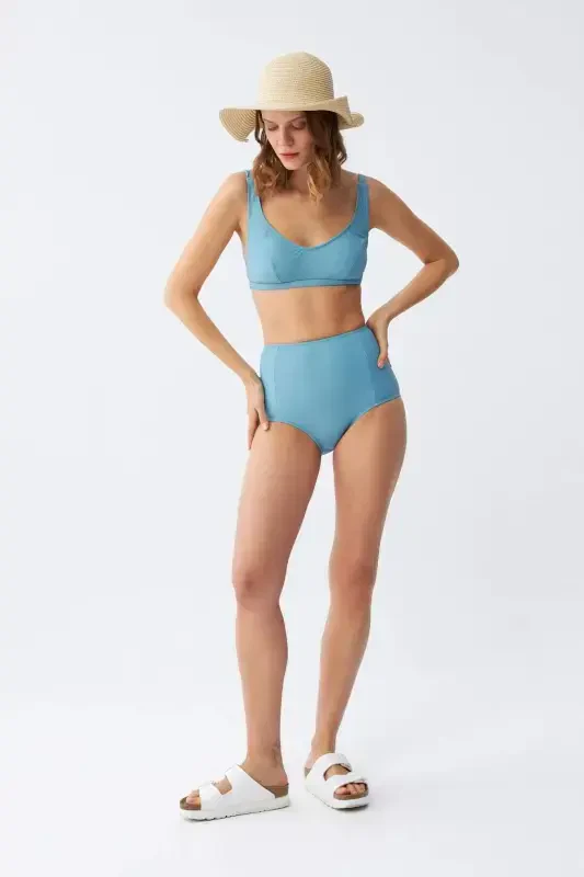 Angelino Женский Базовый Бирюзовый Купальник с Высокой Талией и Подушечками - 3