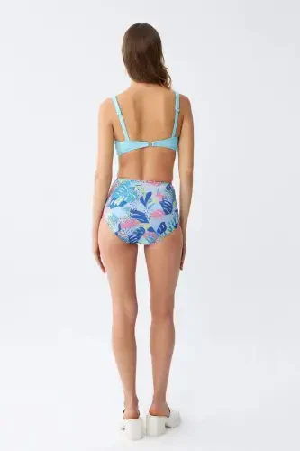 Angelino Женский Купальник Бикини с Высокой Талией, Тропический Узор, с Подкладкой - Светло-Голубой - 5