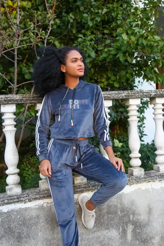 Angelino Женский Велюровый Спортивный Костюм с Капюшоном 9054 - 6