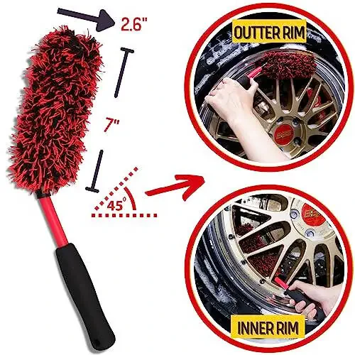 Angled Wheel Brush Kit 3 Pack- Angled Microfiber Wheel Brush, Wheel Barrel Brush, Detailing Brush Scratch Free Calipers Woolies Spoke Brush Cleans Brake Dust from Barrels & Hard to Reach Areas - 3