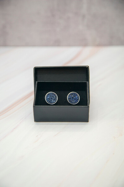 Angular Blue Embroidered Cufflinks with Tie Clip Gift - 6