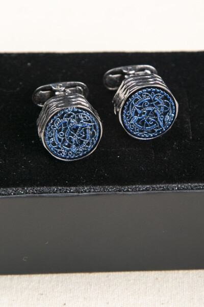 Angular Blue Embroidered Cufflinks with Tie Clip Gift - 7