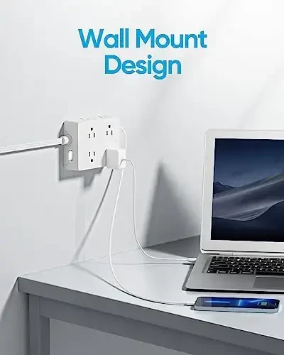 Surge Protector Power Strip 10 ft Cord, Olcorife Ultra Thin Flat Plug Extension Cord, 8 Outlets 4 USB Ports(1 USB C), Flat Plug Outlet Extender, College Dorm Room Essentials, White - 5