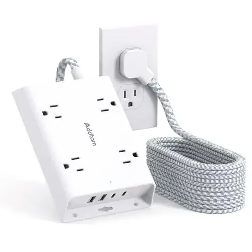 Surge Protector Power Strip 15 ft, Addtam Flat Plug Extension Cord with 4 USB Wall Charger(2 USB C Port), 4 Widely Outlets Desk Charging Station, Home Office and College Dorm Room Essentials 
