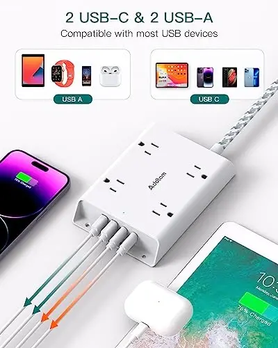 Surge Protector Power Strip 15 ft, Addtam Flat Plug Extension Cord with 4 USB Wall Charger(2 USB C Port), 4 Widely Outlets Desk Charging Station, Home Office and College Dorm Room Essentials - 5