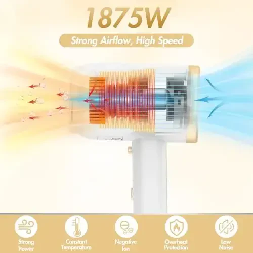 ANIEKIN Hair Dryer, 1875 Watts Fast Drying Blow Dryer with Diffuser and Concentrator, Compact Lightweight Hair Dryer for Women and Men - 2