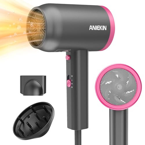 ANIEKIN Hair Dryer,Portable Ionic Blow Dryer with Diffuser for Curly Hair, 1875 Watts Blow Dryer with Nozzle for Fast Drying as Salon, Compact and Lightweight Hairdryer for Travel,Light Grey - 1