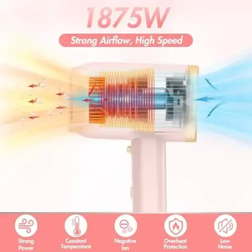 ANIEKIN Soch quritgichi, 1875 vatt tez quriydigan fen, diffuzor va konsentrator bilan, ayollar va erkaklar uchun ixcham yengil soch quritgichi - 2