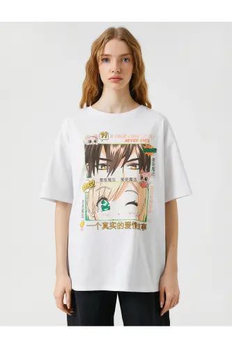 Oversize Anime Tişört Baskılı Kısa Kollu Bisiklet Yaka Pamuklu - Gri - 3