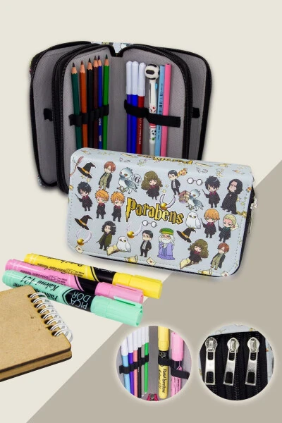 Anime-manga Harry Potter Themed Three-Compartment Vegan Leather Pencil Case - SIZE